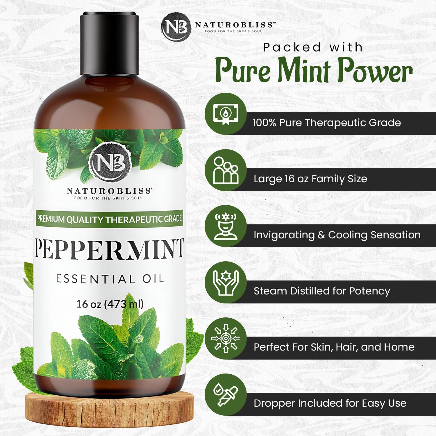 NaturoBliss Peppermint Essential Oil, 100% Pure and Natural Therapeutic Grade, Premium Quality Peppermint Oil, 16 fl. Oz - Perfect for Aromatherapy and Relaxation