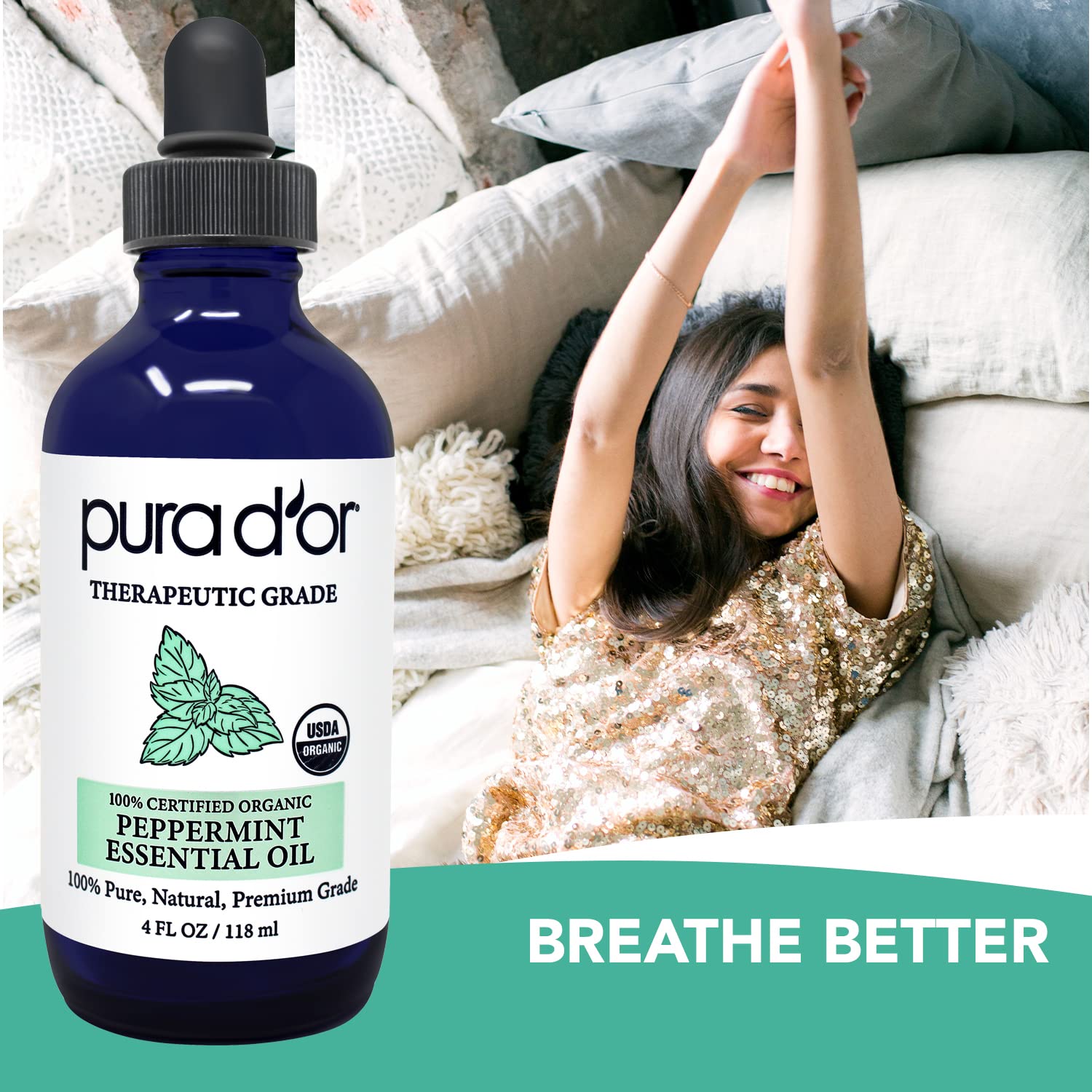 PURA D'OR Organic Peppermint Essential Oil (4oz with Glass Dropper) 100% Pure & Natural Therapeutic Grade - Hair, Body, Skin, Aromatherapy Diffuser, Massage, Refreshens, Energy, Mood, Home, DIY Soap