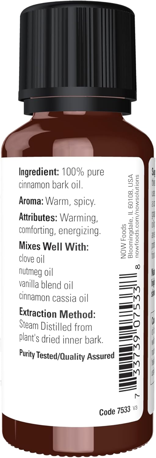 NOW Essential Oils, Cinnamon Bark Oil, Warming Aromatherapy Scent, Steam Distilled, 100% Pure, Vegan, Child Resistant Cap, 1-Ounce