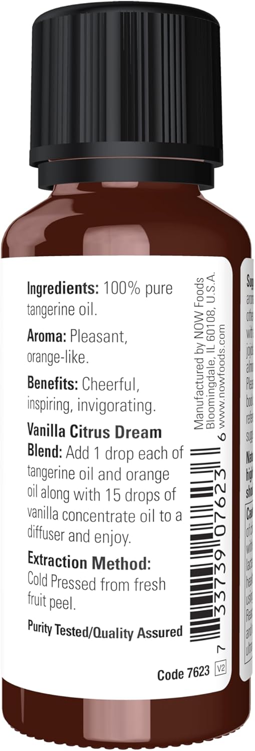 NOW Essential Oils, Tangerine Oil, Cheerful Aromatherapy Scent, Cold Pressed, 100% Pure, Vegan, Child Resistant Cap, 1-Ounce