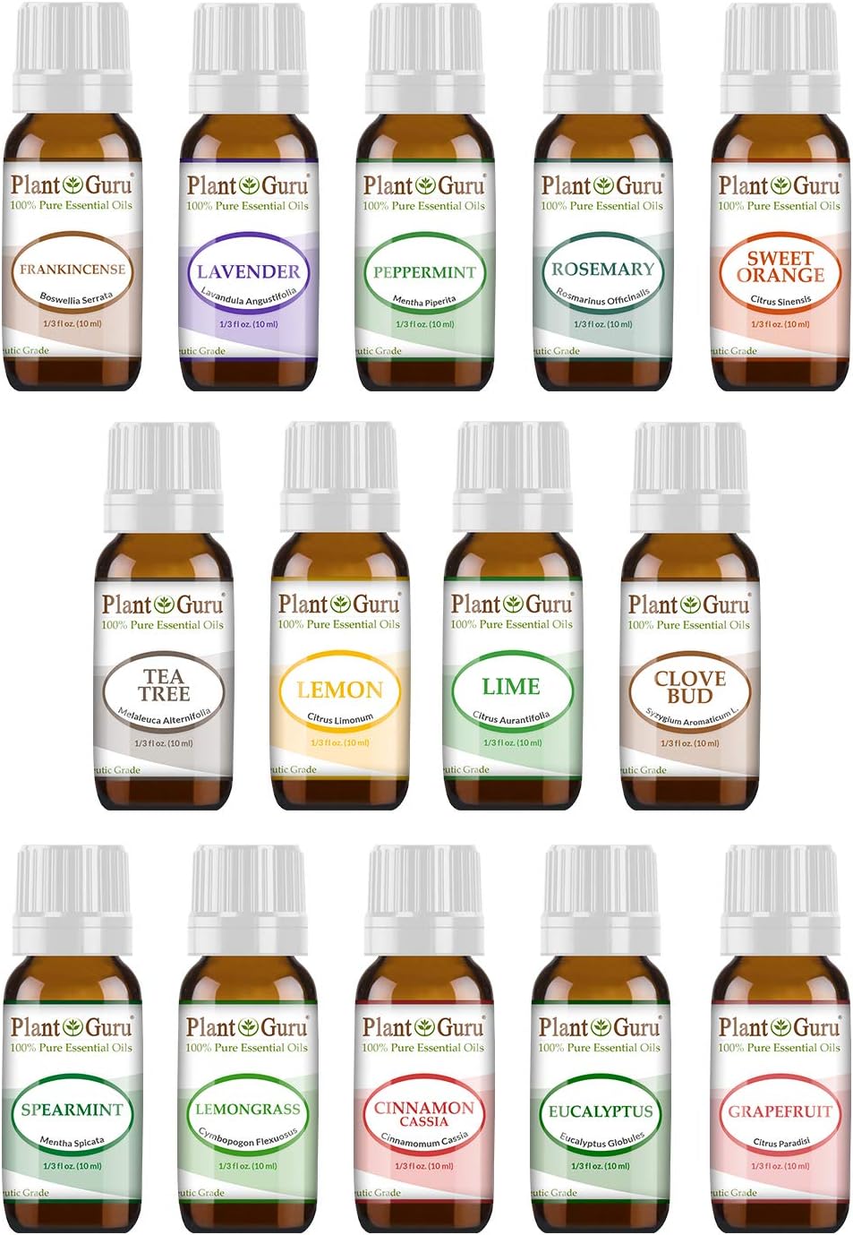 Essential Oil Set 14-10 ml Therapeutic Grade 100% Pure Frankincense, Lavender, Peppermint, Rosemary, Orange, Tea Tree, Eucalyptus, Grapefruit, Lemon, Lime, Clove, Spearmint, Lemongrass, Cinnamon