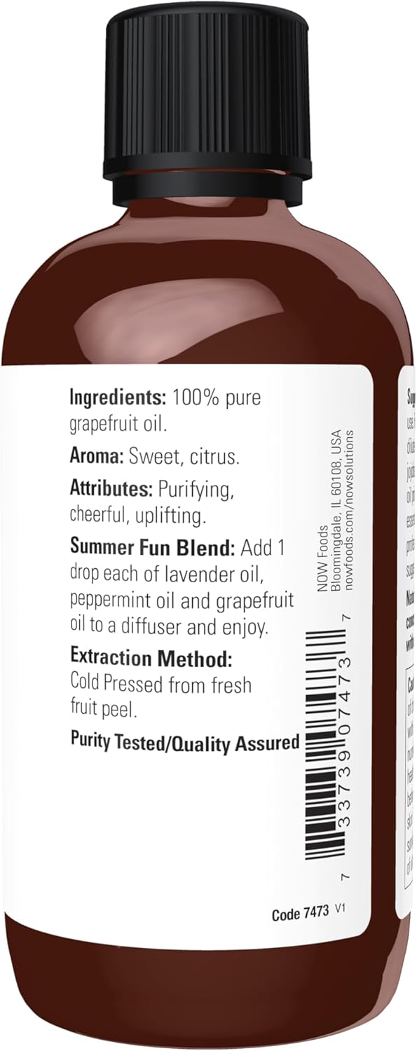 NOW Essential Oils, Grapefruit Oil, Sweet Citrus Aromatherapy Scent, Cold Pressed, 100% Pure, Vegan, Child Resistant Cap, 4-Ounce