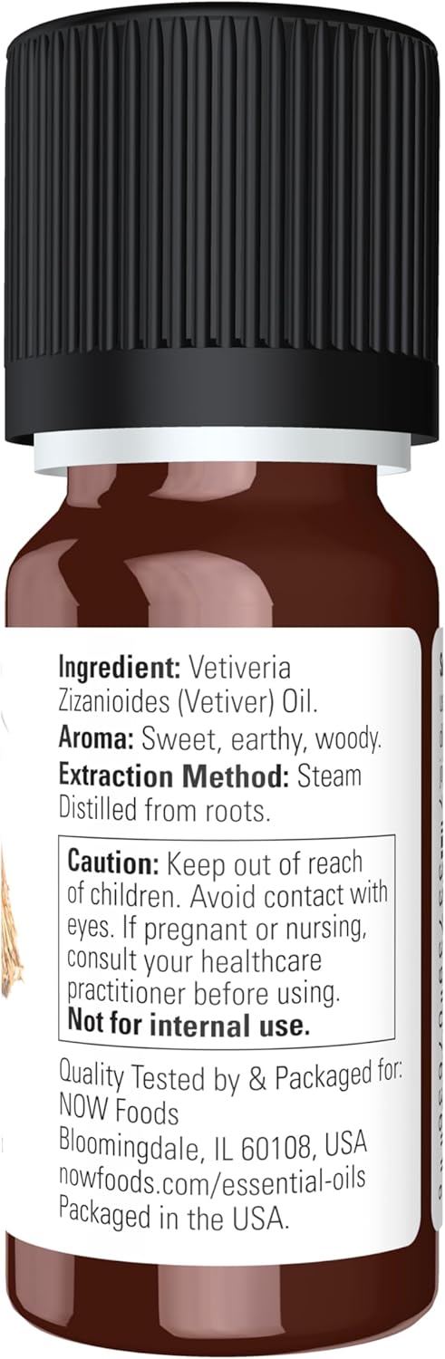 NOW Essential Oils, Vetiver Oil, Woodsy Aromatherapy Scent, Steam Distilled, 100% Pure, Child Resistant Cap, 10-mL