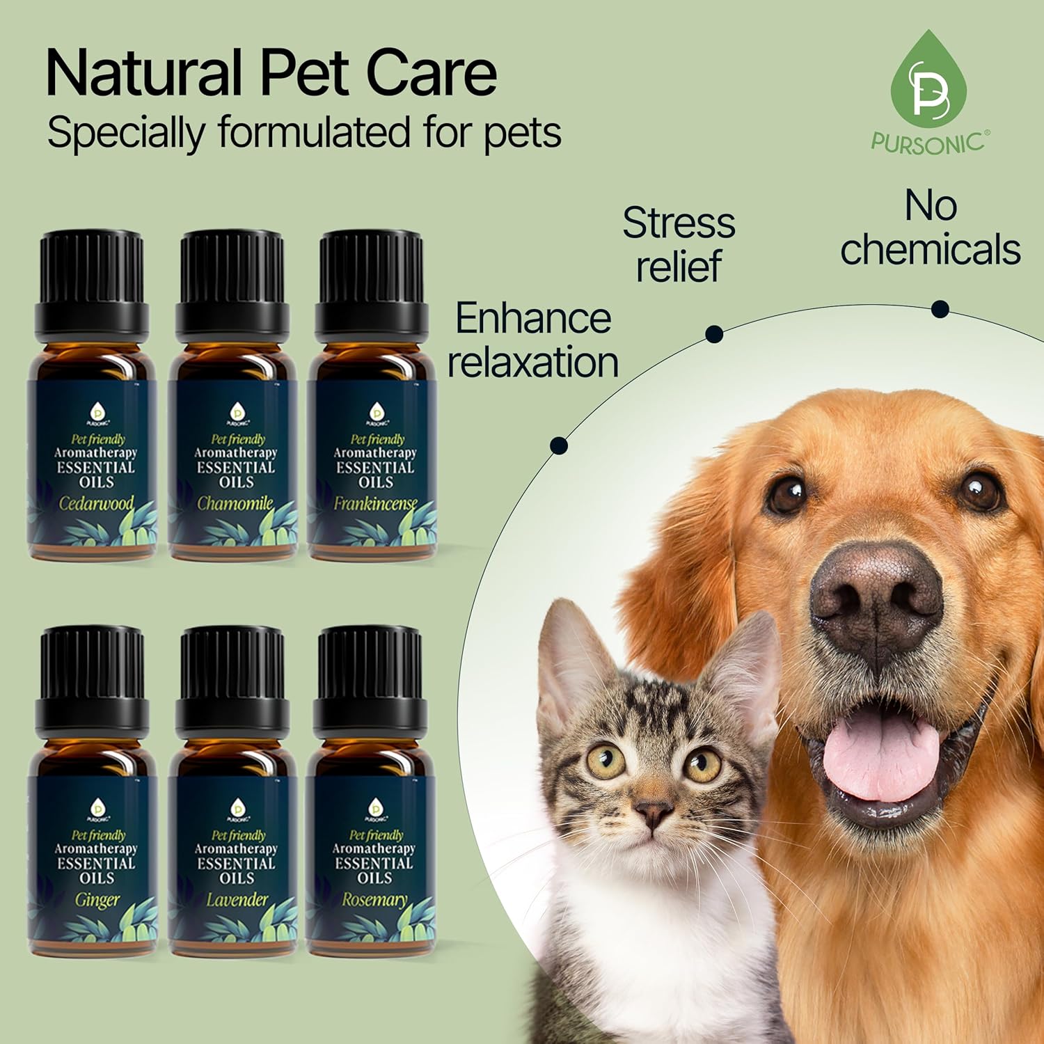 PURSONIC Pet Friendly Aromatherapy Essential Oils Collection, 6-Count - Safe for Dogs and Cats, Natural Relaxation and Stress Relief