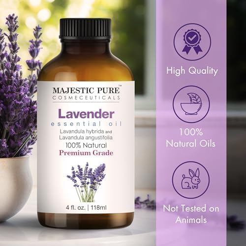 Majestic Pure Essential Oil with Glass Dropper - 100% Pure and Natural - Essential Oils for Diffuser, Aromatherapy, Soap and Candle Making, Lavender Essential Oil, Lavender Oil, 4 Fl Oz