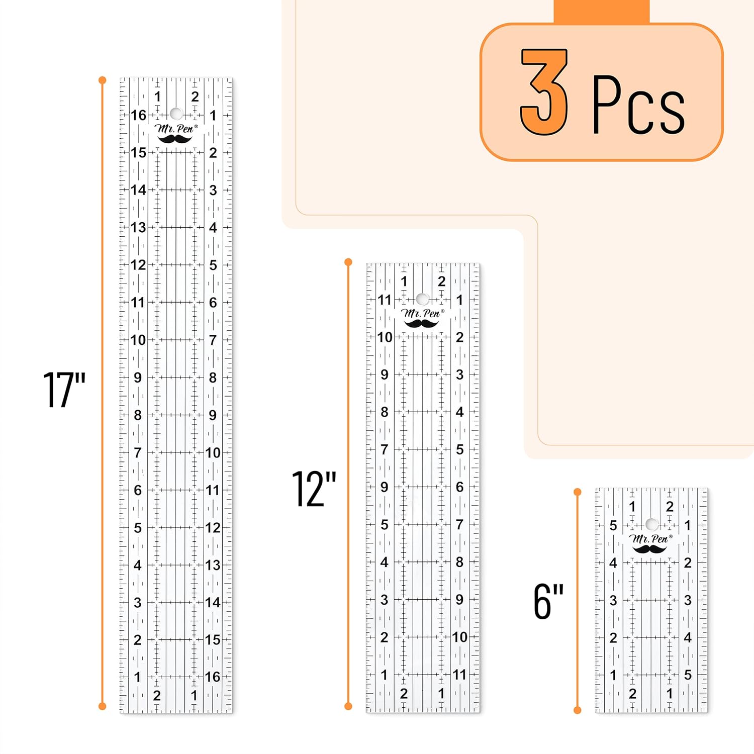 Mr. Pen- Sewing Ruler, 3 Pack, 6", 12" & 17", Acrylic Ruler, Quilting Ruler, Cutting Ruler, Acrylic Ruler for Cutting Fabric, Rulers for Quilting and Sewing, Non Slip Quilt Rulers, Sewing Supplies