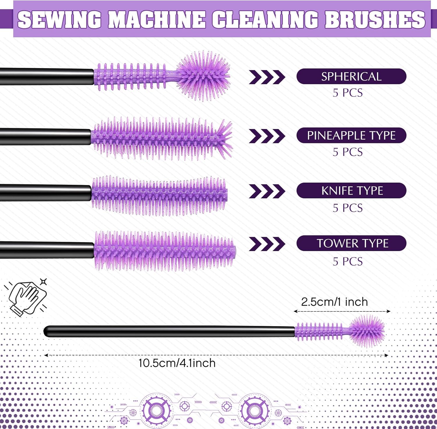 RimCereal 20 Pcs Nook and Cranny Sewing Machine Cleaning Brushes for Quilting Supplies Reusable Silicone Dense Bristles Cleaning Brushes for Sewing Machine Internal and Spool Area(Black, Purple)