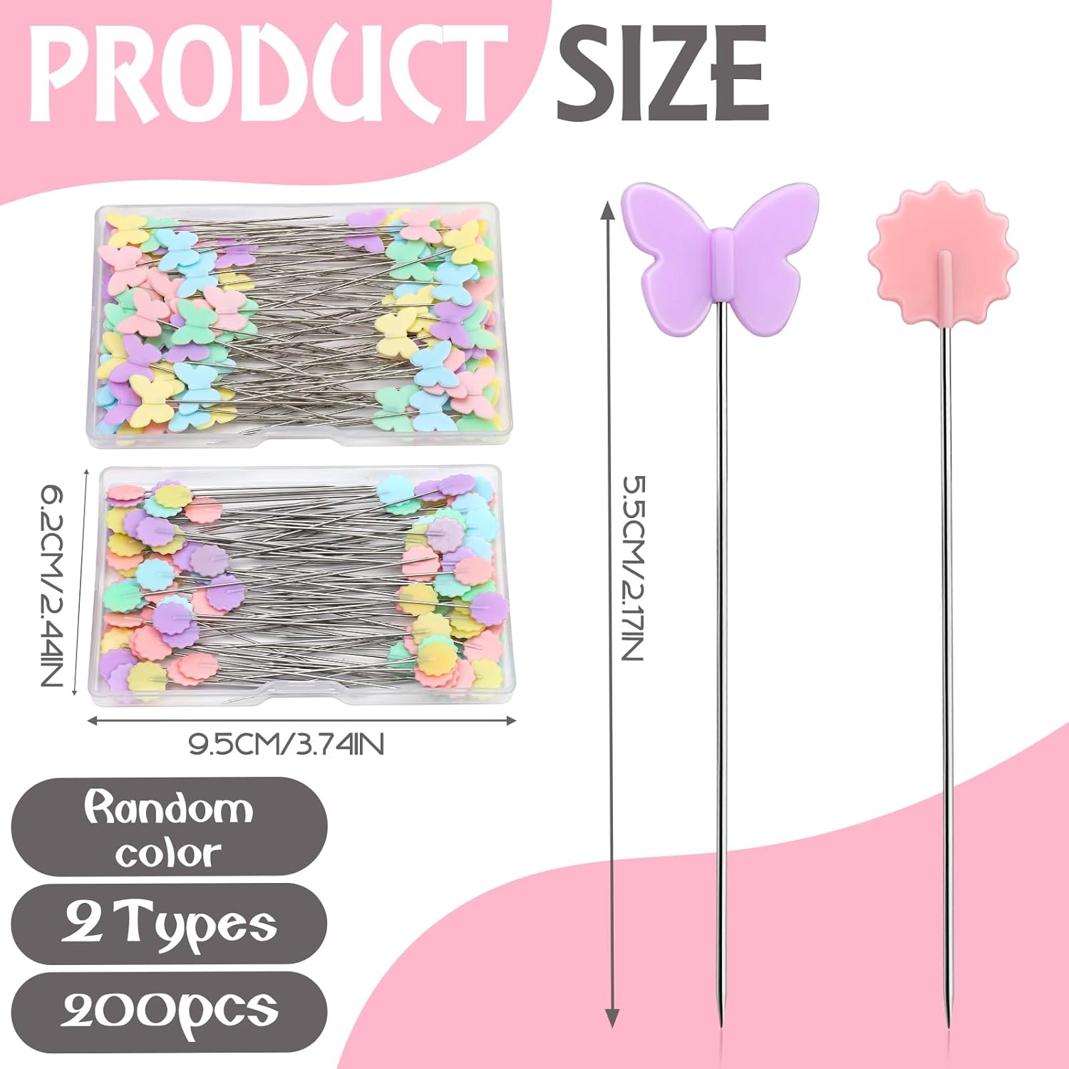 Fteven 200PCS Sewing Pins Flat Head Straight Pins Kits, Head Sewing Supplies Quilting Pins, Flower Head Sewing Pins for Fabric with Storage Boxes for Sewing DIY Projects Dressmaker Decoration