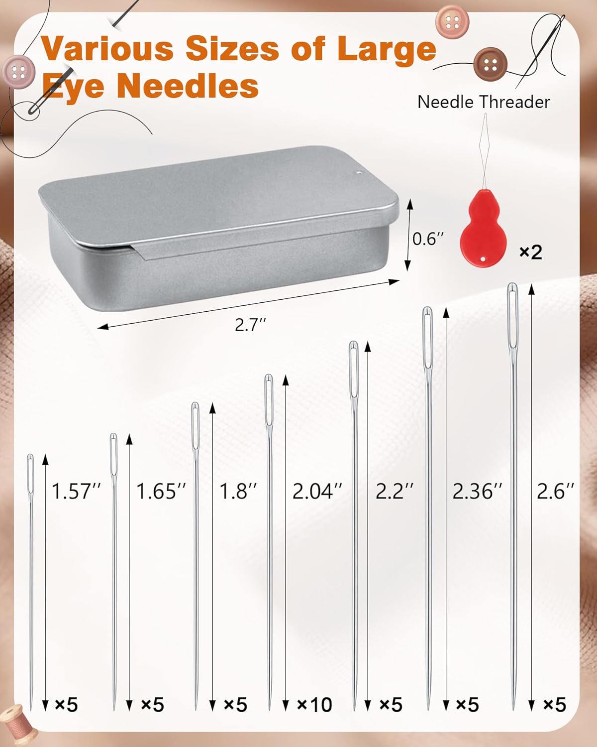 FIVEIZERO 80/40 PCS Premium Stainless Steel Sewing Needles, 7 Sizes Large Eye Sewing Sharp Needles, Leather Needle Embroidery Thread Needle with Threaders for Handsewing Art Crafts