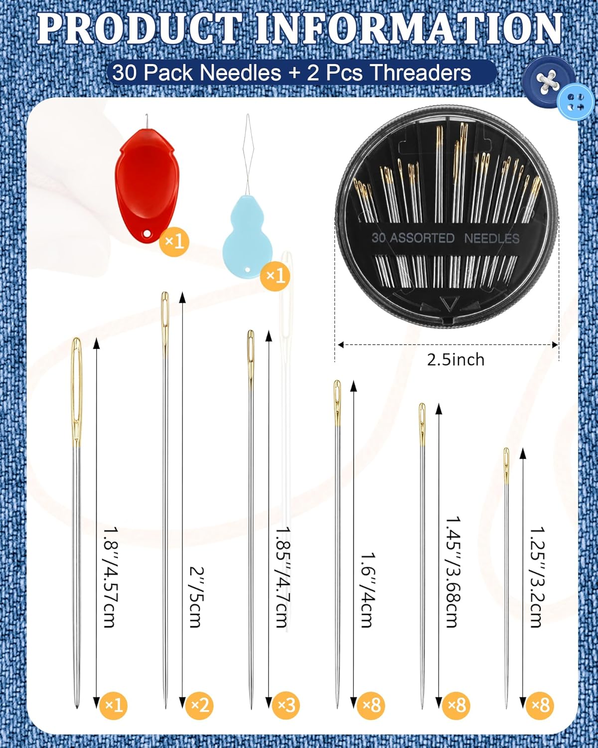 FIVEIZERO 30-Count Steel Needles for Hand Sewing, 6 Sizes Large Eye Embroidery and Hand Quilting Needles Kit with Threaders for Art & Craft Projects