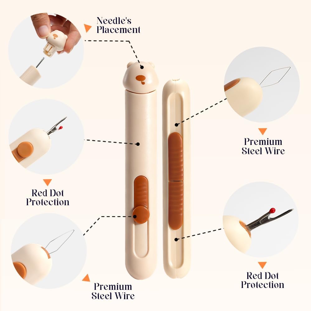 Runsgo The Set Includes 1 * 3 in 1 Automatic Needle Threaders Seam Ripper with Needle Storage and 2 Needles,1 * 2 in 1 Needle Threaders Seam Ripper,18*Needles (67Mm*3, 60Mm*3, 50Mm*3, 46Mm*9) (Green)