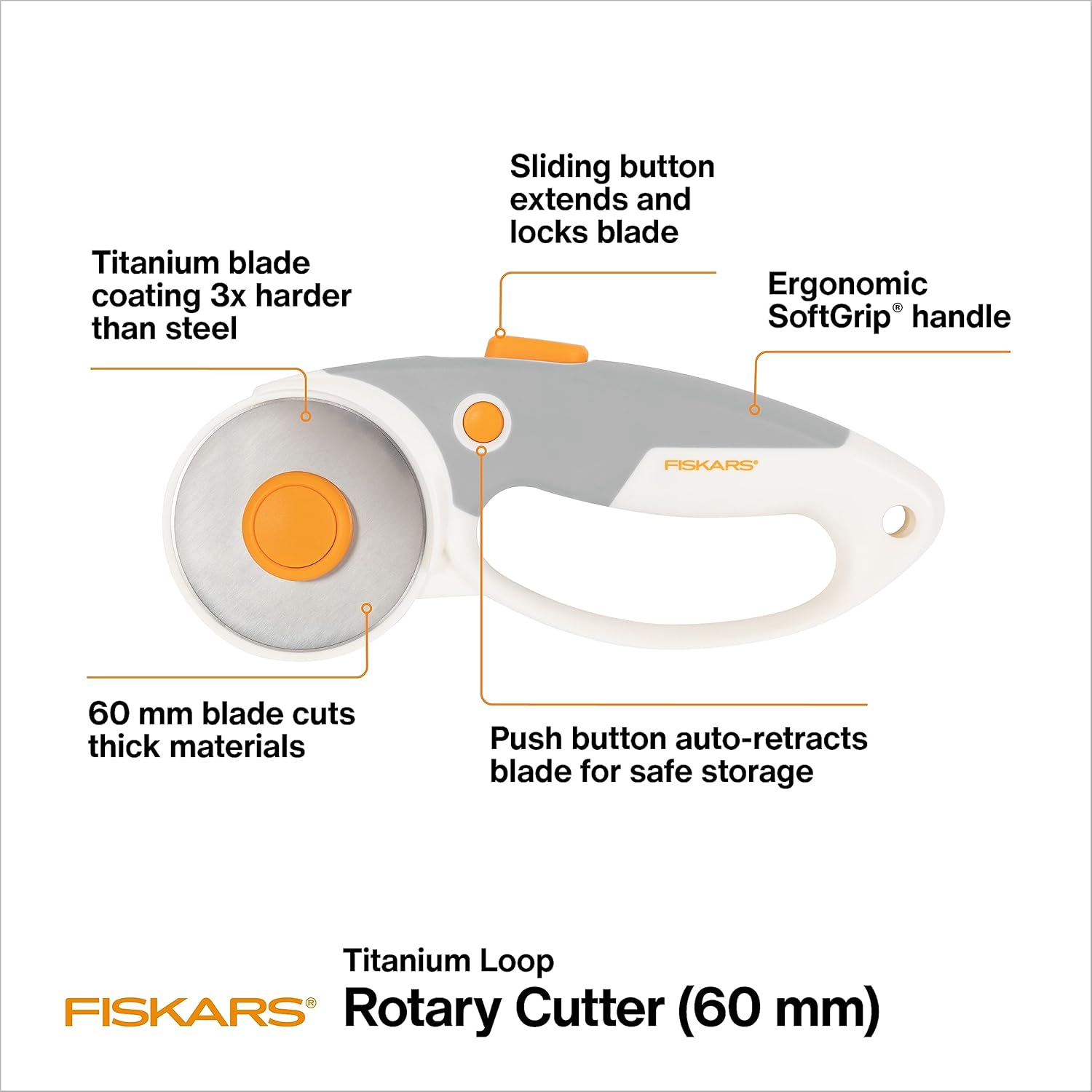 Alternative view of Fiskars 60mm Rotary Cutter for Fabric with Ergonomic Loop Grip And Comfort Handle, Titanium Rotary Fabric Cutter for Thick Materials, Easy and Safe Blade Change, Sewing Supplies and Quilting Tools