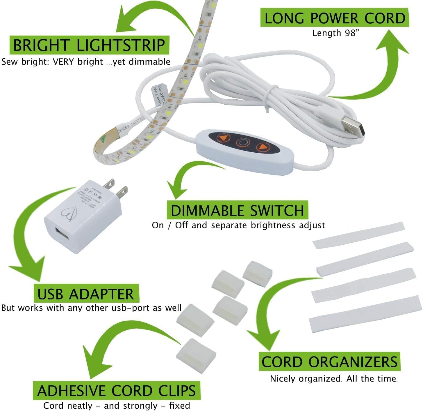 Madam Sew LED Sewing Machine Light Strip – Flexible LED Sewing Lights with Dimmer, Adhesive Back & Clips – Super Bright Stick-On Sewiing Machine Strip Light for Stitching & Crafting