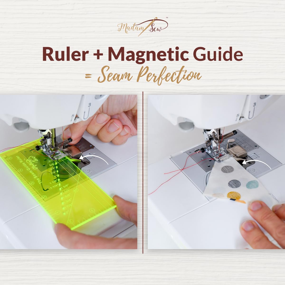 Alternative view of Madam Sew Seam Allowance Ruler & Magnetic Seam Guide for Sewing Machine | Perforated Seam Guide Ruler & Gauge for Perfect 1/8”- 2” Straight Line Hems | Includes 1/4” Pivot Point & 45 Degree Trim Line