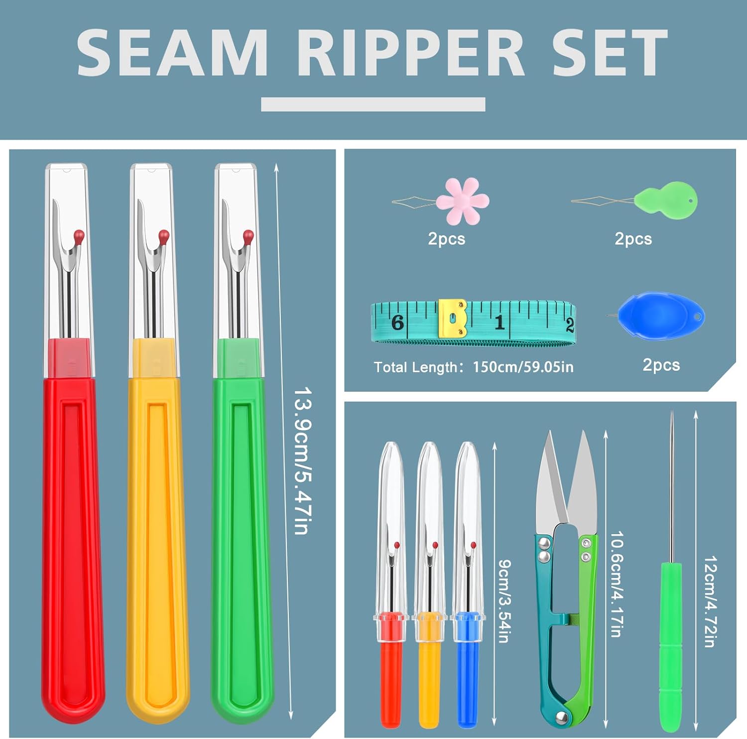 ZMAAGG Seam Rippers for Sewing, Stitch Remover Tool, Needle Threaders, Tape Measure, Tailors Awl, Thread Snips (15PCS)