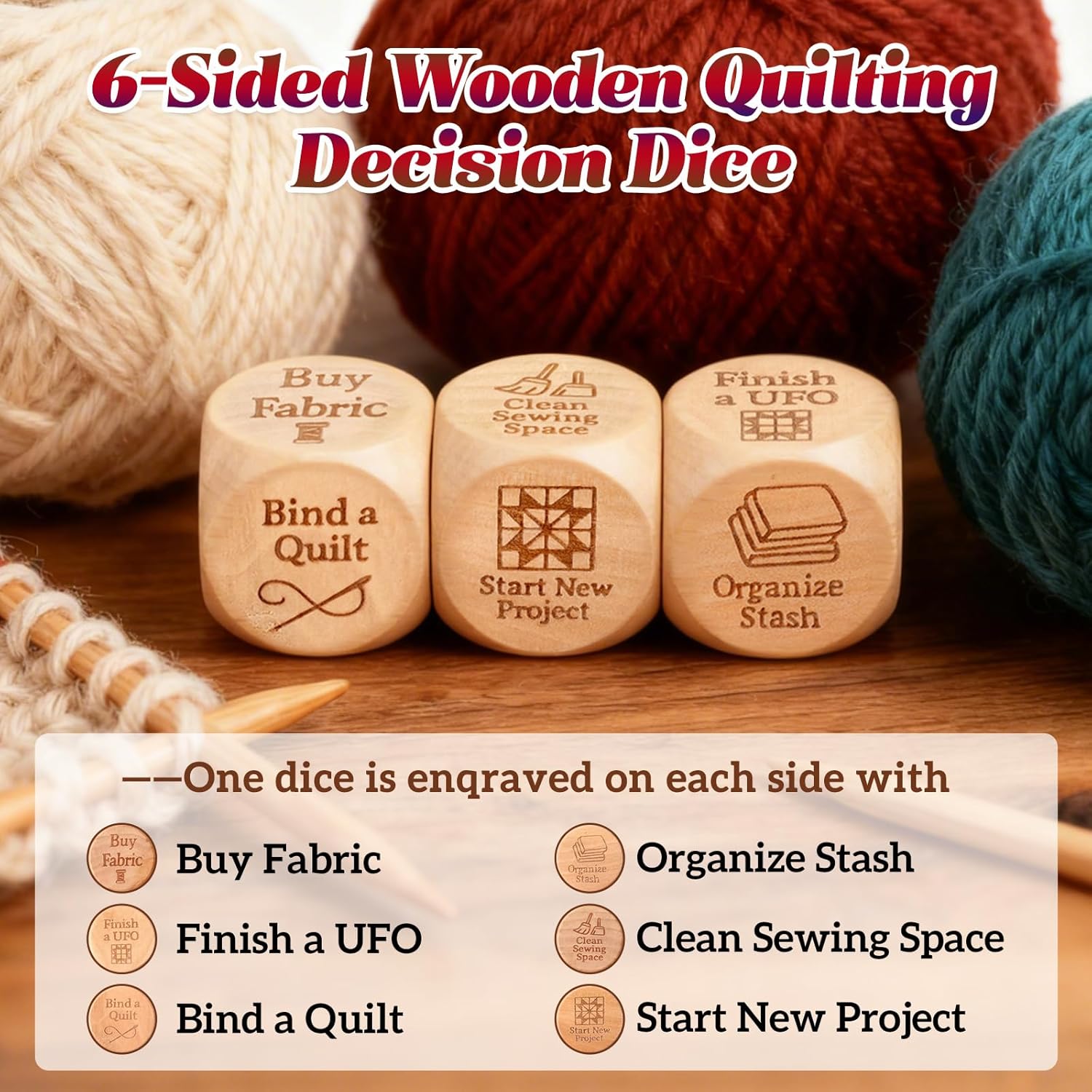 Alternative view of 3pcs Quilter’s Dice, 6-Sided Wooden Quilting Decision Dice – Fun Sewing Gift for Quilters, Sewists & Craft Enthusiasts – Handmade Laser Engraved Sewing Tool