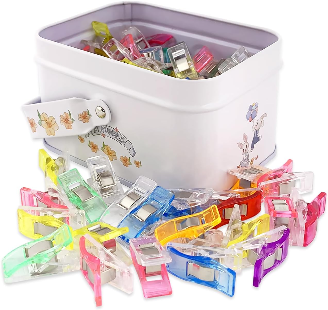 GDMINLO Multipurpose Sewing Clips, Premium Plastic Clips Sewing Notions for Sewing Quilting Supplies Crafting Tools, Assorted Colors, 100 Pcs Clips with Tin Box