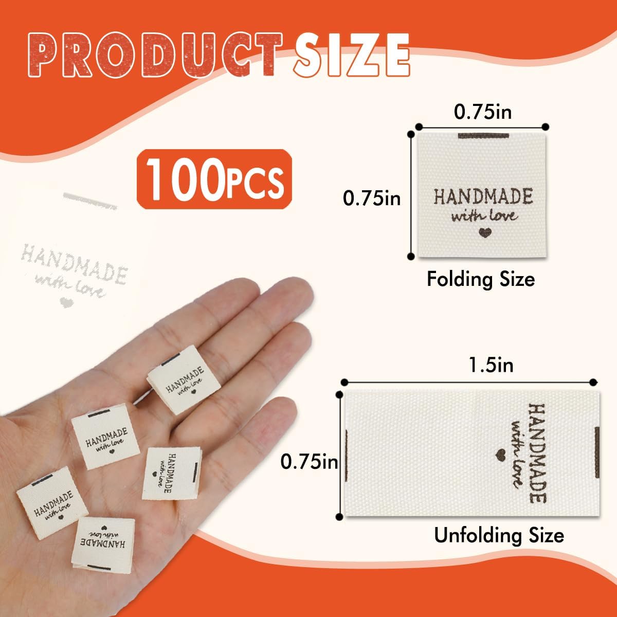 TOGETRUE 100pcs Sewing Labels for Handmade Items, Durable Fabric Woven Tags with Handmade with Love Text, Sewing Labels for Crochet, Knitting, Sewing Projects and DIY Crafts