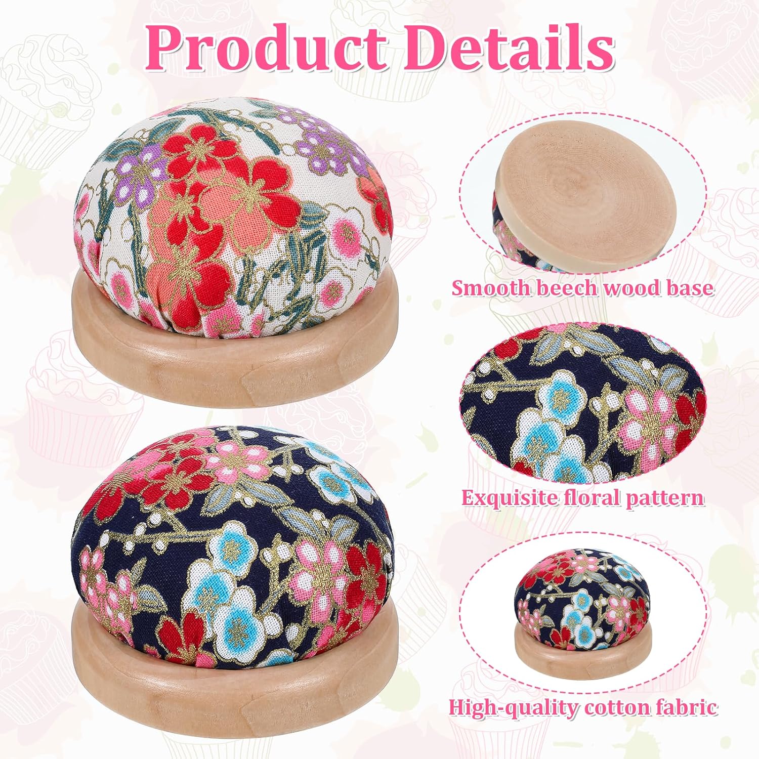 Alternative view of 2 Piece Pin Cushions for Sewing Wooden Base Sewing Pin Cushion Cute Japanese Style Round Pincushions Needle Holder Wrist PinCushions for Sewings Quilting Notions for Sewings Quilting DIY Crafts