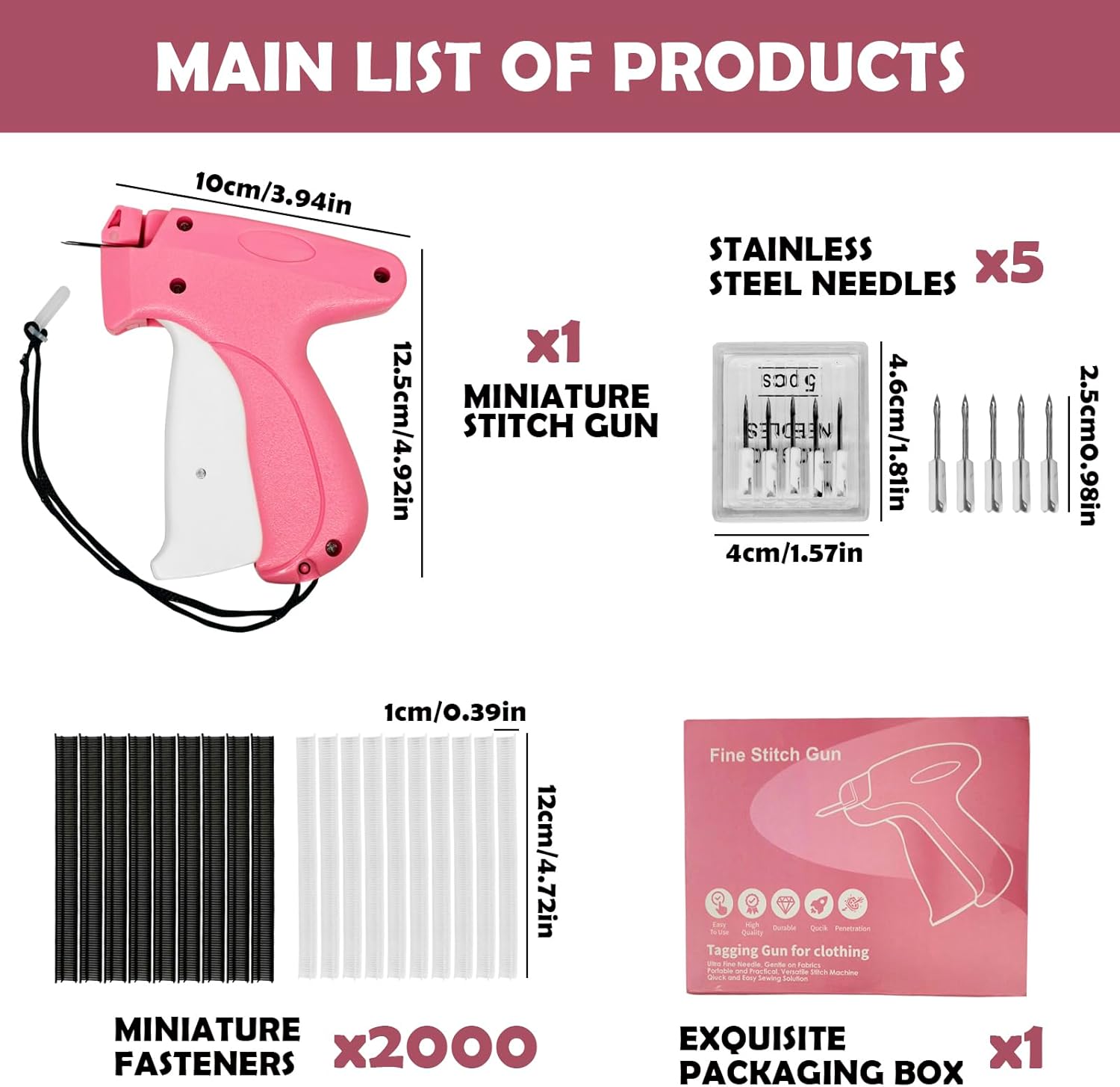 Portable Handheld Stitch Gun for Clothes Tagging, Quick Sewing, Hemming, and Fixing, with Sewing Kit including 5 Extra Needles,1000 pcs Black Fasteners & 1000pcs White Fasteners(5mm), PINK