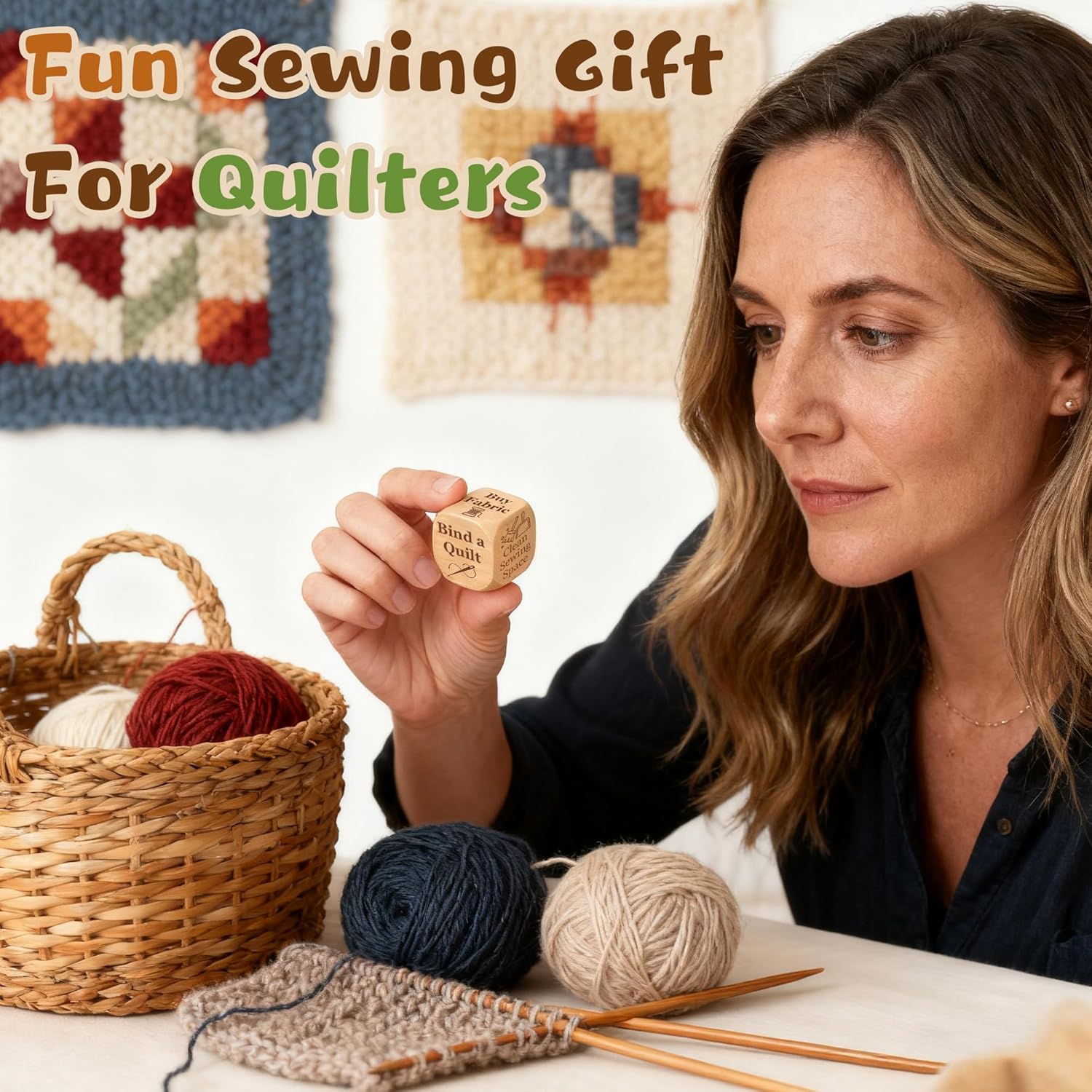 Quilteru2019s Dice, 6-Sided Wooden Quilting Decision Dice u2013 Fun Sewing Gift for Quilters, Sewists & Craft Enthusiasts u2013 Handmade Laser Engraved Sewing Tool (1 Pack)