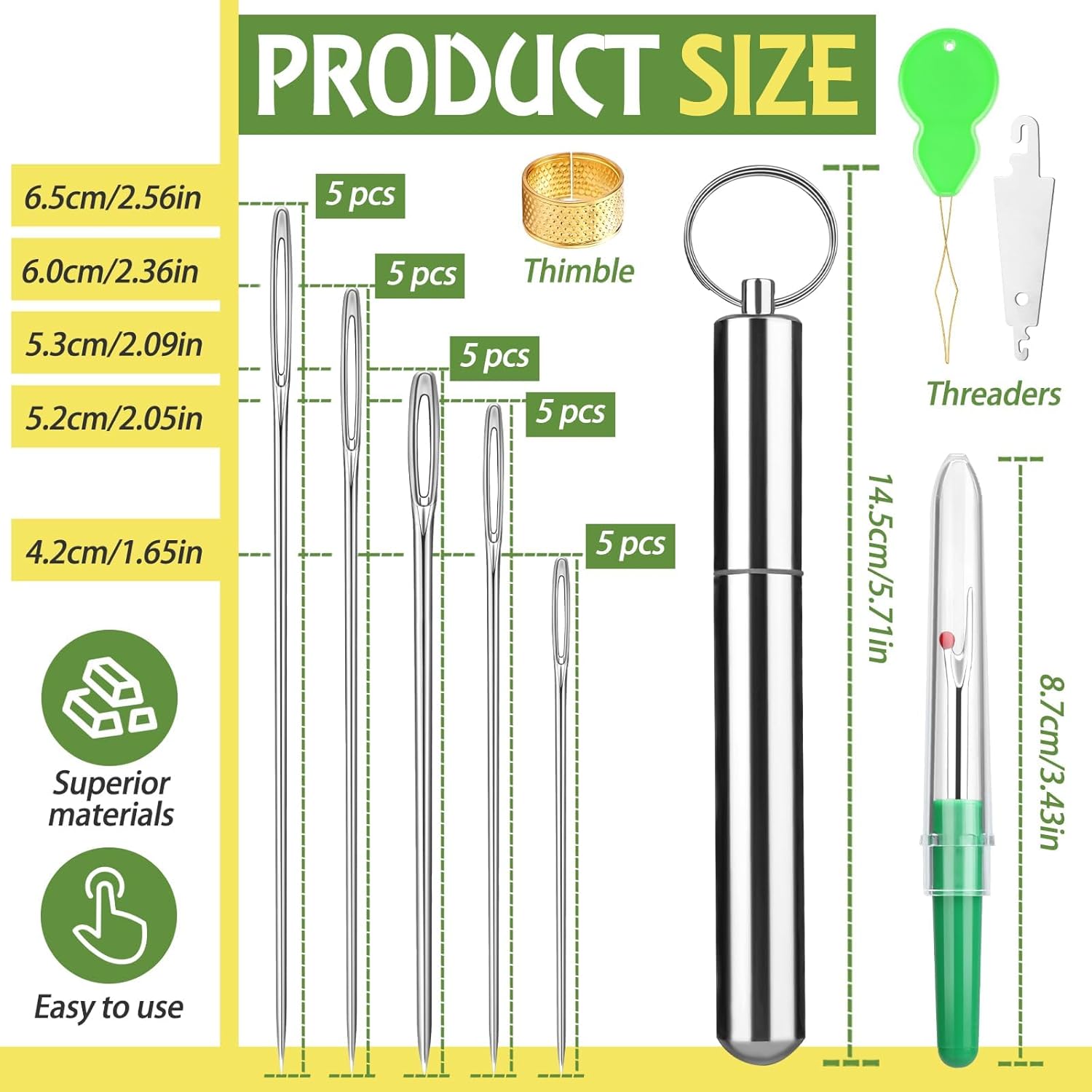 Fteven Embroidery Needles, 25PCS Large Eye Sewing Needles, 5 Size Hand Sewing Needles with Aluminium Storage Tube Threaders,Sewing Sharp Needles for Stitching Crafts, Quilting