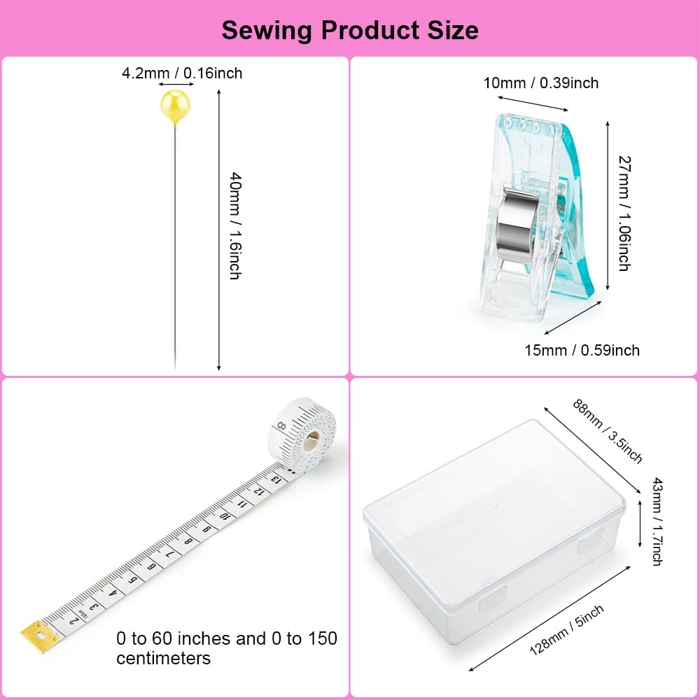 50Pcs Sewing Clips & 400PCS Sewing Pins with Box, Assorted Colors Quilting Clips Fabric Clips for Sewing Quilting Supplies Crafting Tools, Straight Pins with Colored Pearlized Ball Heads Long 1.6inch
