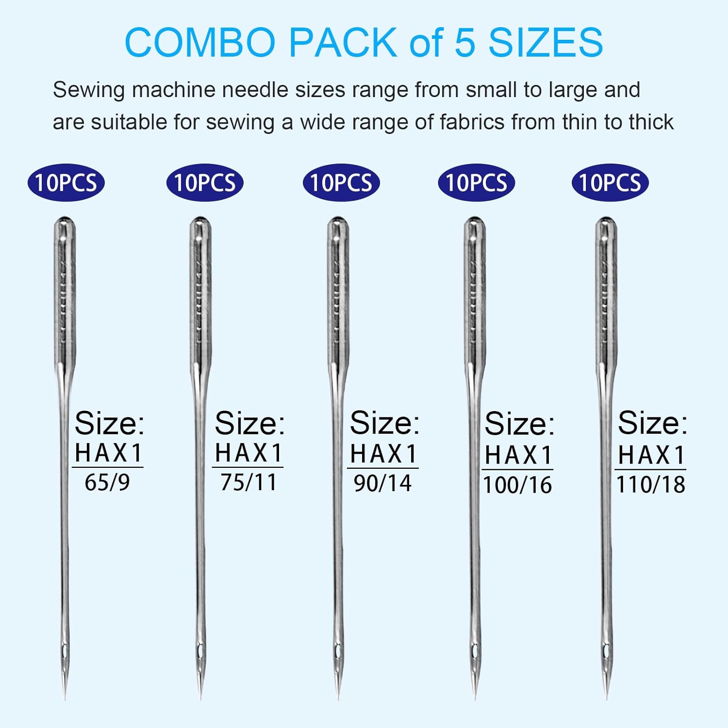 50Pcs Universal Sewing Machine Needles, Size HAX1 (65/9, 75/11, 90/14, 100/16, 110/18), Suitable for Singers, Brothers、Jenom、Valmax