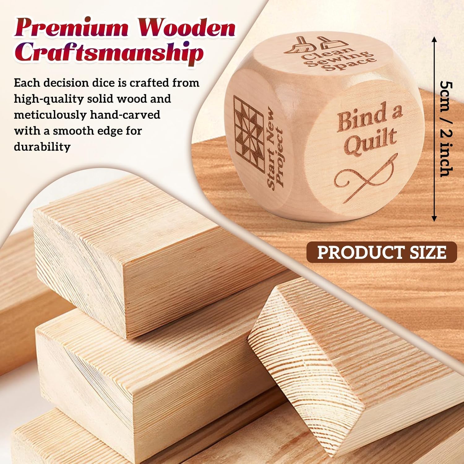 Alternative view of Quilter’s Dice, Wooden Quilting Decision Dice with 6 Engraved Sewing Tasks, Fun Sewing Tool for Quilters & Crafters, A Suitable for DIY Sewing Enthusiasts (3PCS)