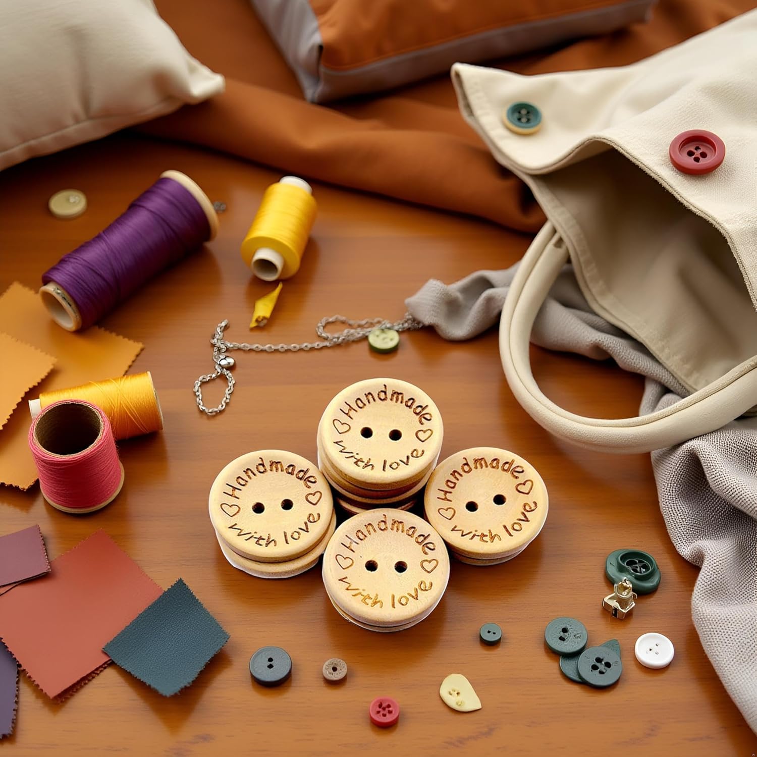 50Pcs Buttons Round 2 Holes Handmade with Love Letter Wooden Button DIY Sewing Decor Sewing Notions and Supplies - 15mm, Sewing Buttons