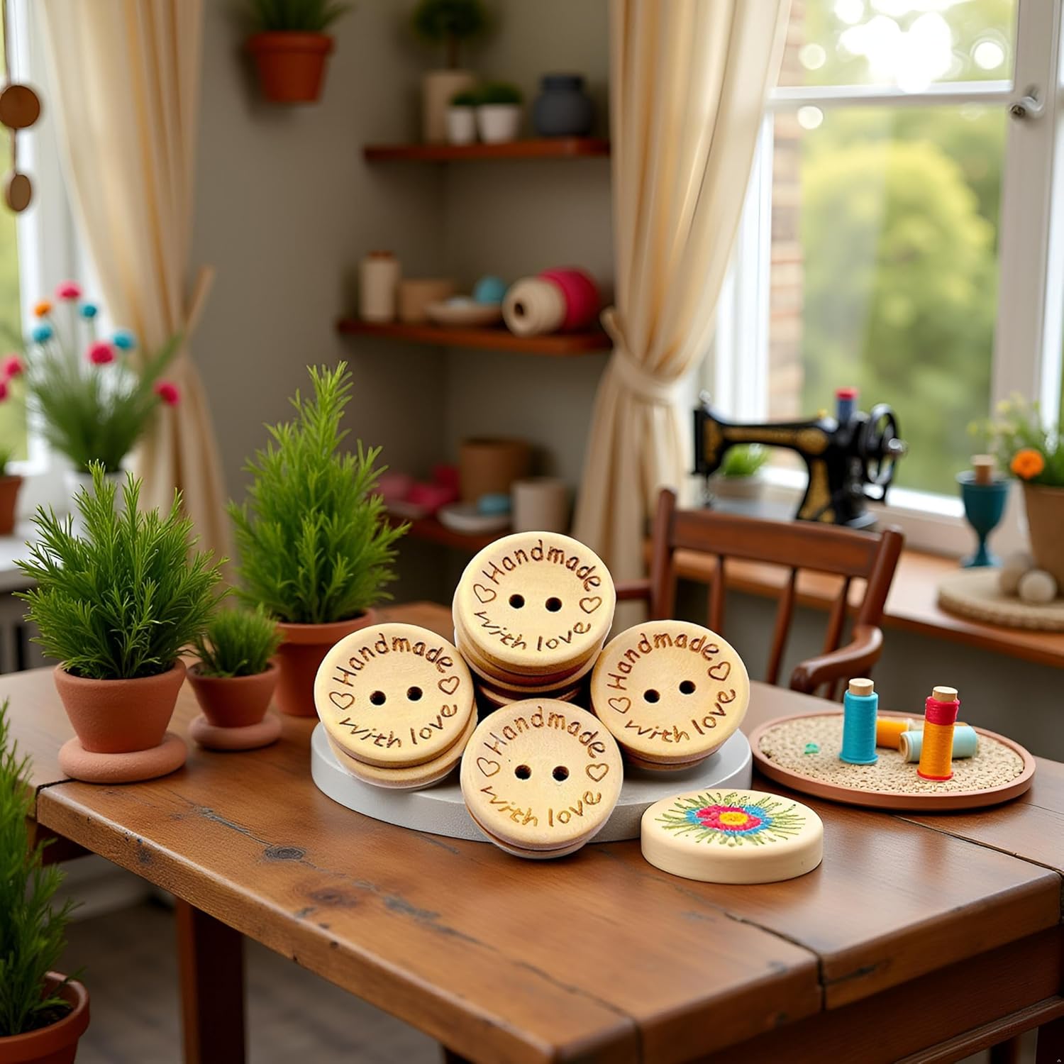 Alternative view of 50Pcs Buttons Round 2 Holes Handmade with Love Letter Wooden Button DIY Sewing Decor Sewing Notions and Supplies - 15mm, Sewing Buttons