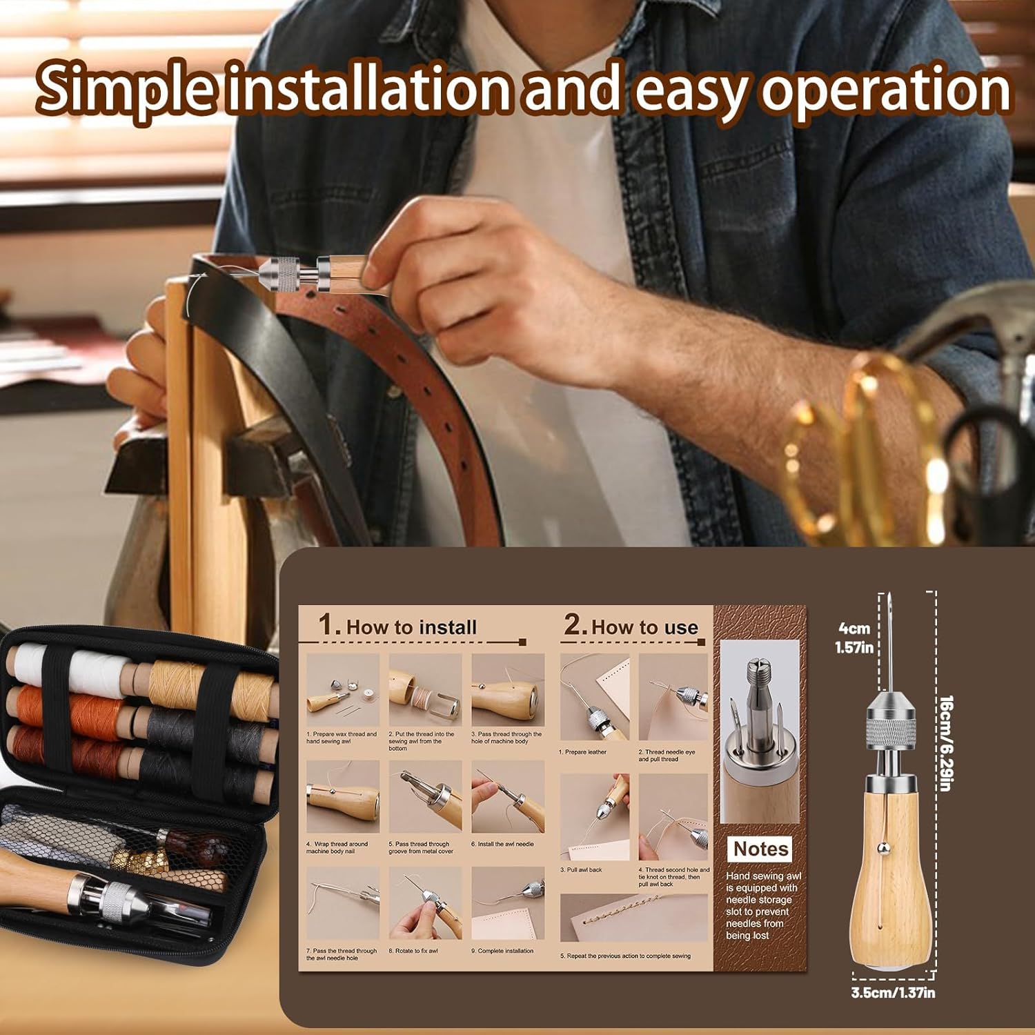 Alternative view of Sewing Awl Kit, Portable Tool Stitching Leather Sewing Thread, Waxed Thread Kit for DIY Leather Sewing Repair Craft