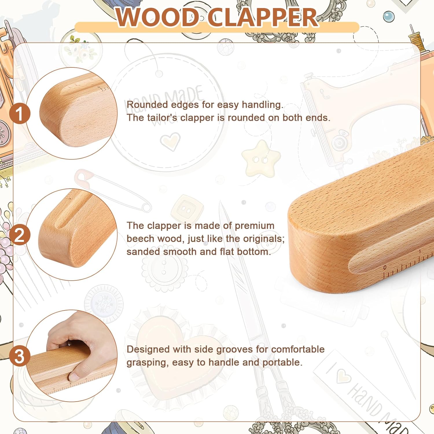 Alternative view of 2 Pack Beechwood Tailors Clappers, Professional Sewing Tool for Flattening Fabrics and Point Pressing, Wooden Tailors Clapper for Sewing, Quilting, Ironing(12inch&7inch)