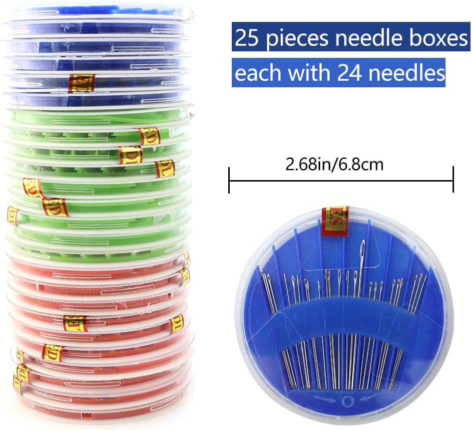 25 Pack Premium Hand Sewing Needles, Sewing Needle Hand Work Sewing Needle and Thread Box Set Accessories for Handsewing Large Eye Stitching Needles for Sewing Repair Embroidery Needles
