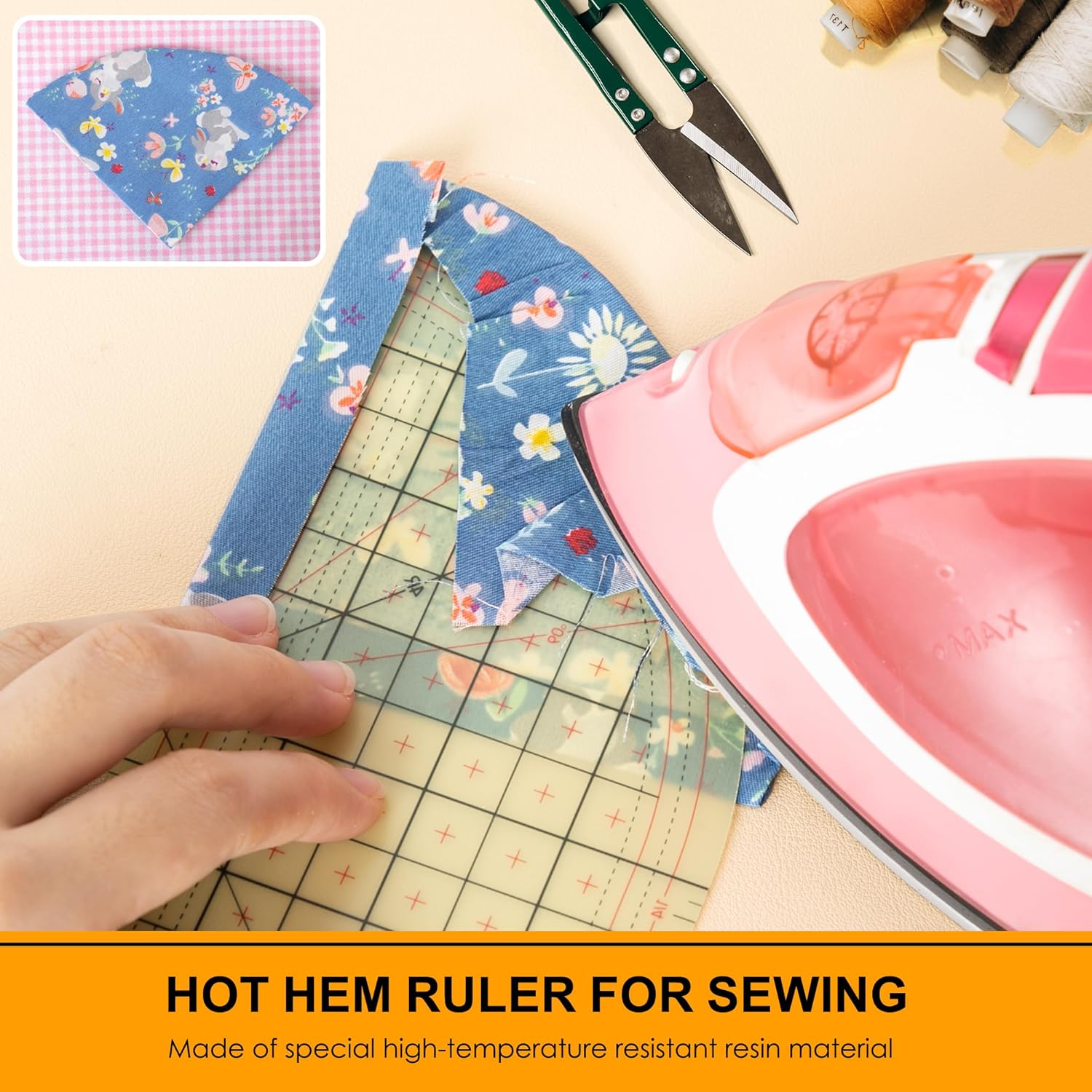 Curved Hot Ruler for Sewing, 12X4 Inch Hot Hem Ruler for Sewing Seam Guide Ruler Sewing Ruler and Guides for Fabric Hemming Tools Press with Dry or Steam