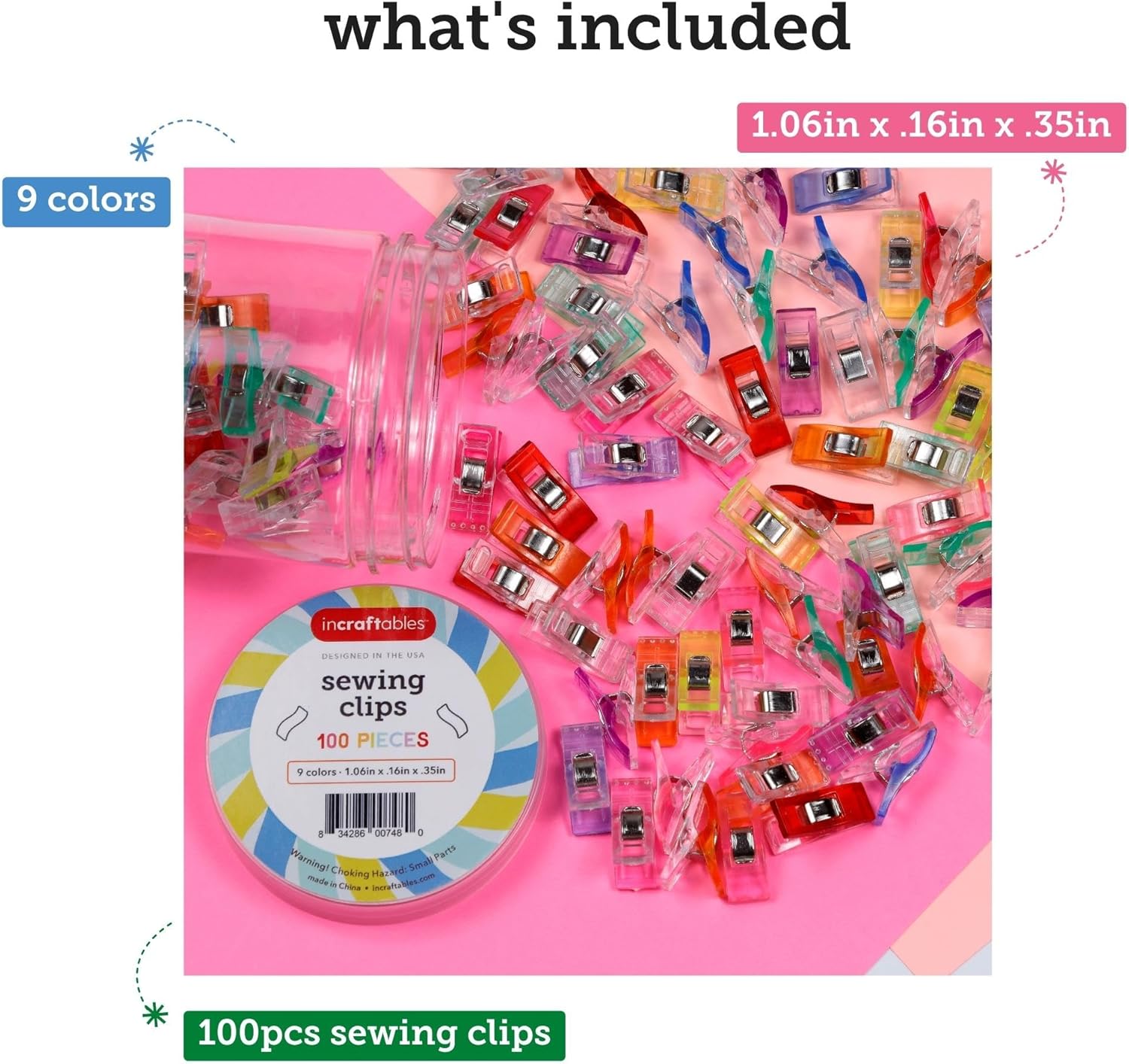 Incraftables Assorted Sewing Clips - Pack of 100 Multipurpose Clips – Fabric Clips for Sewing and Quilting – Colorful Clips for Crafting, Binding, Quilting, & More