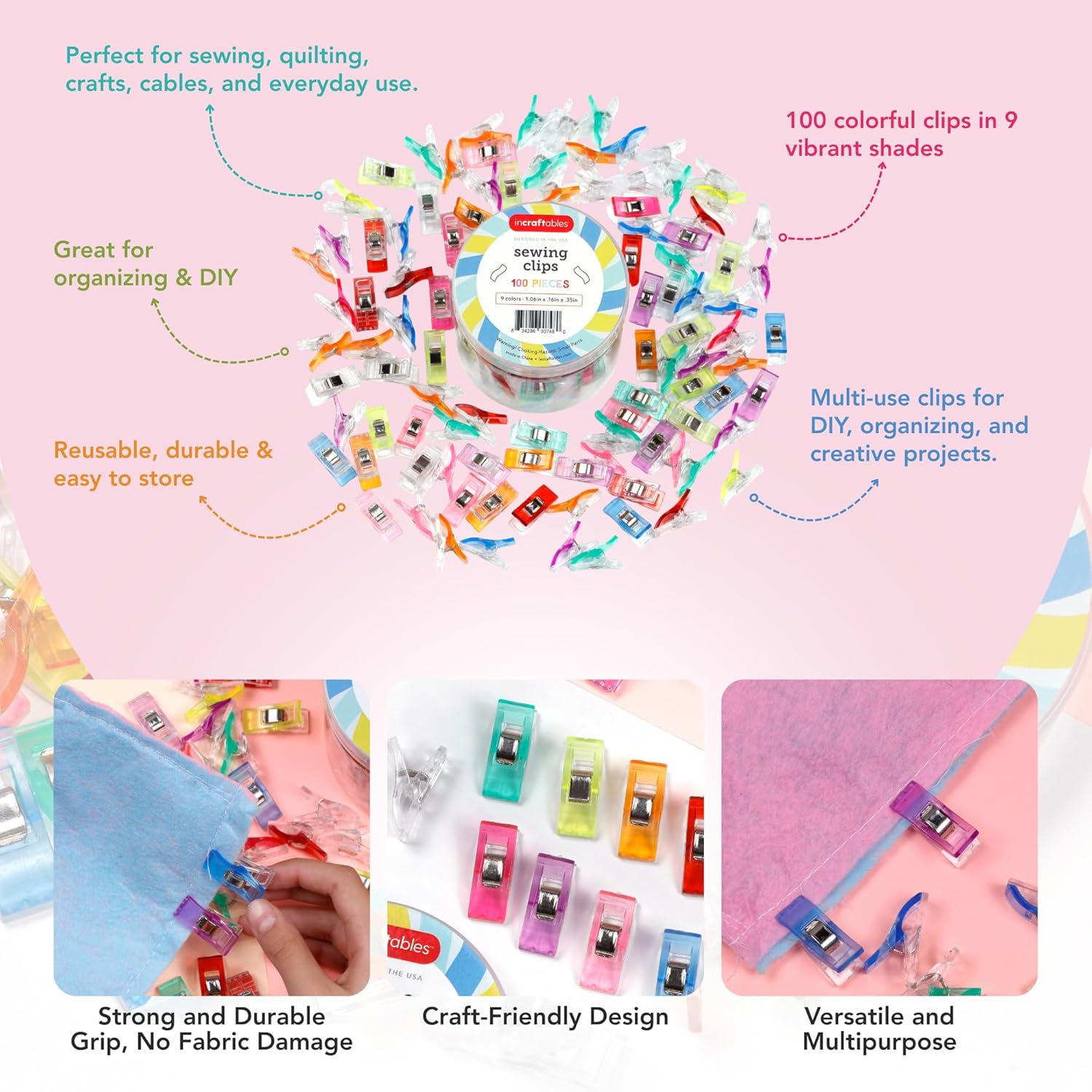 Alternative view of Incraftables Assorted Sewing Clips - Pack of 100 Multipurpose Clips – Fabric Clips for Sewing and Quilting – Colorful Clips for Crafting, Binding, Quilting, & More