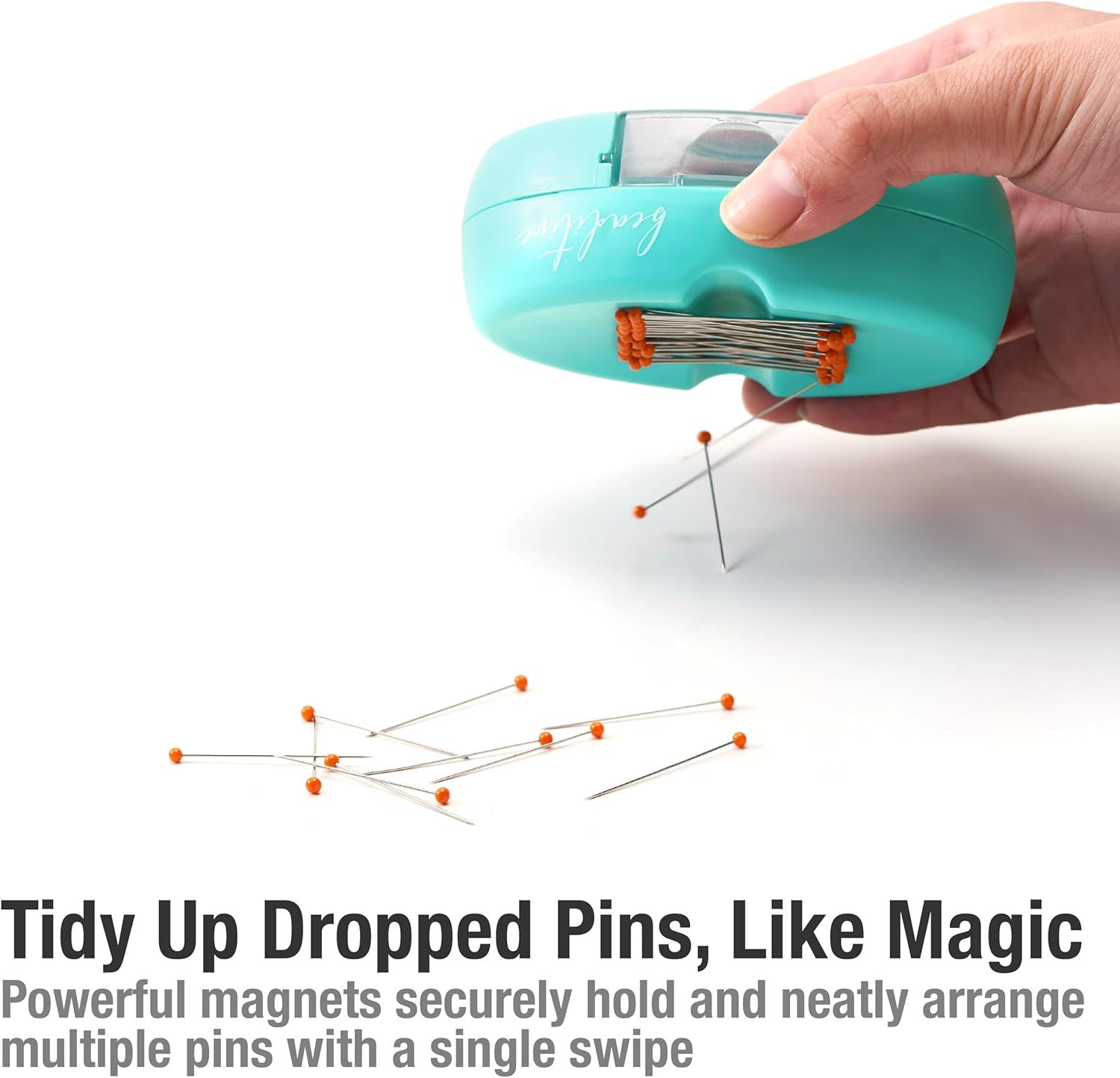 Beaditive Magnetic Pin Cushion with Drawer - Strong Magnet Pin Holder Cushion for Sewing - 50 Glass Head Quilting Pins Included - Chic Pincushion Caddy for Sewing Pins, Paper Clips, Screws u2013 Turquoise