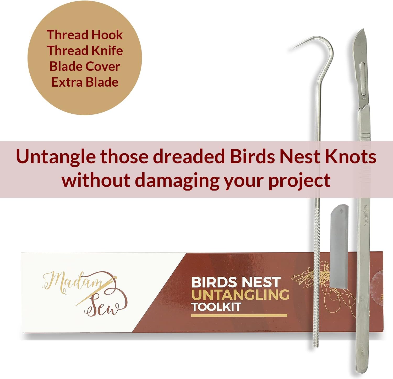 Madam Sew Birds Nest Untangling Tool Kit – Thread Hook and Stitch Releaser Set with Spare Blade Resolves Thread Bunching Under Fabric and Embroidery Hoops – Long Steel Quilting and Sewing Tools