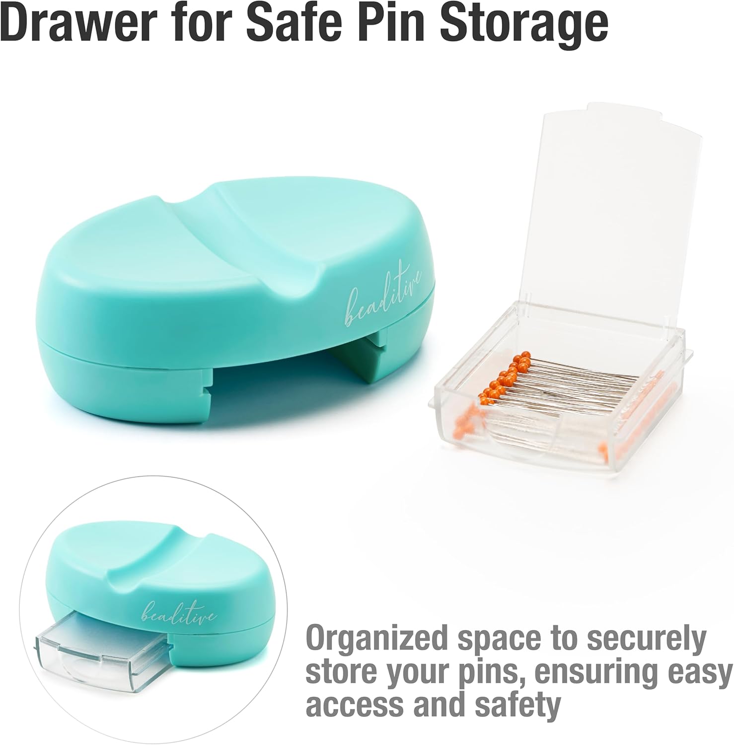 Alternative view of Beaditive Magnetic Pin Cushion with Drawer - Strong Magnet Pin Holder Cushion for Sewing - 50 Glass Head Quilting Pins Included - Chic Pincushion Caddy for Sewing Pins, Paper Clips, Screws u2013 Turquoise