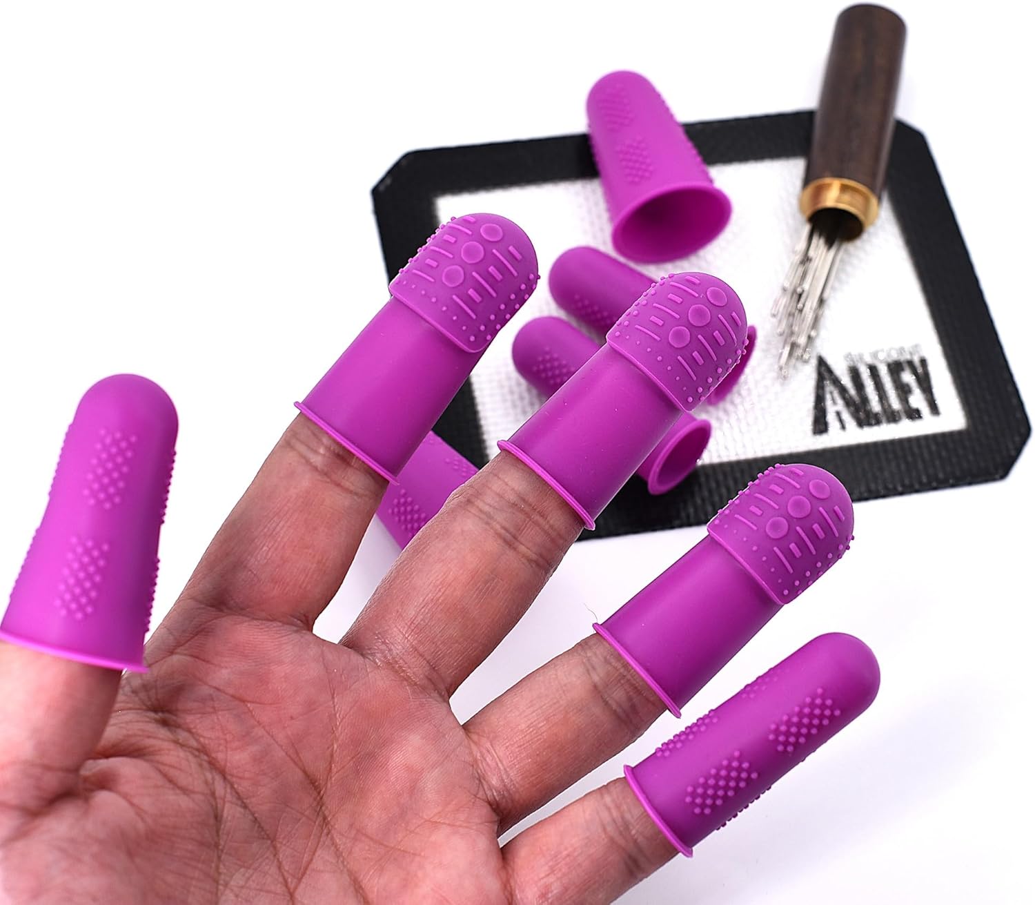 Alternative view of FLEX Thimbles | 9-Pack | 3X-Thick THIK-TIP Medium (3) + Standard Purple Finger Protectors 1x Thick - Small (3) and Large (3) | Mat (1) | Set of Large Eye Sewing Needles (1)