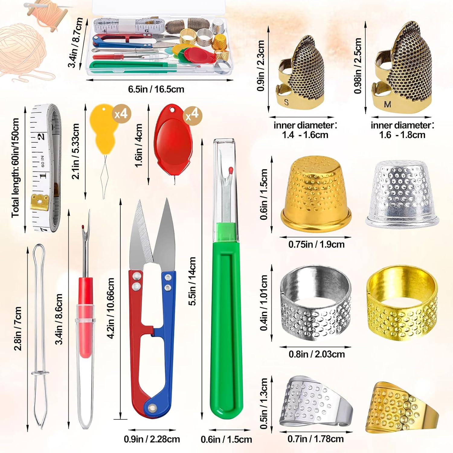 CousDUoBe 20 Pcs Sewing Thimble Kit,thimbles for Hand Sewing，Needle threaders，Seam Rippers for Sewing，Measuring Tape and Thread Snips, Hand Embroidery Craft（Complete Sewing Kit）