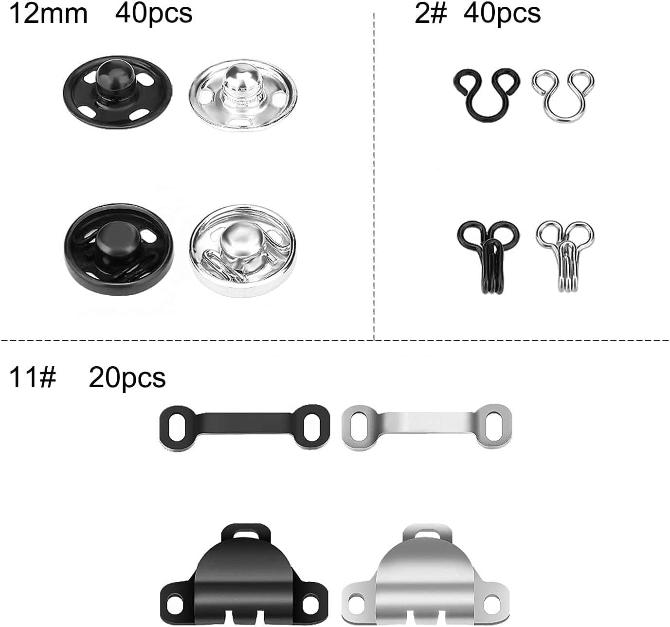 50 Pairs Hook and Eye Sewing Kit, 3 Styles Sewing Hooks and Eyes Closure Set, Metal Snap Buttons Hook and Eye Latches Fasteners Press Studs Clothing Fixing Tool for Skirts Pants Dress Bra DIY Crafting