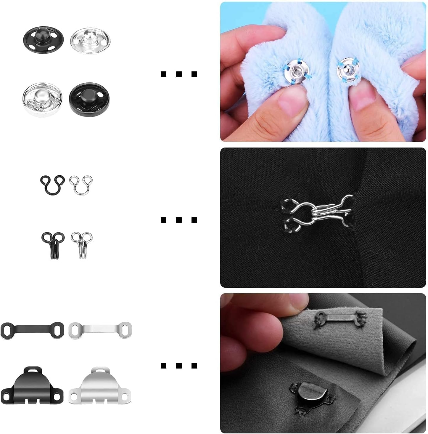 Alternative view of 50 Pairs Hook and Eye Sewing Kit, 3 Styles Sewing Hooks and Eyes Closure Set, Metal Snap Buttons Hook and Eye Latches Fasteners Press Studs Clothing Fixing Tool for Skirts Pants Dress Bra DIY Crafting
