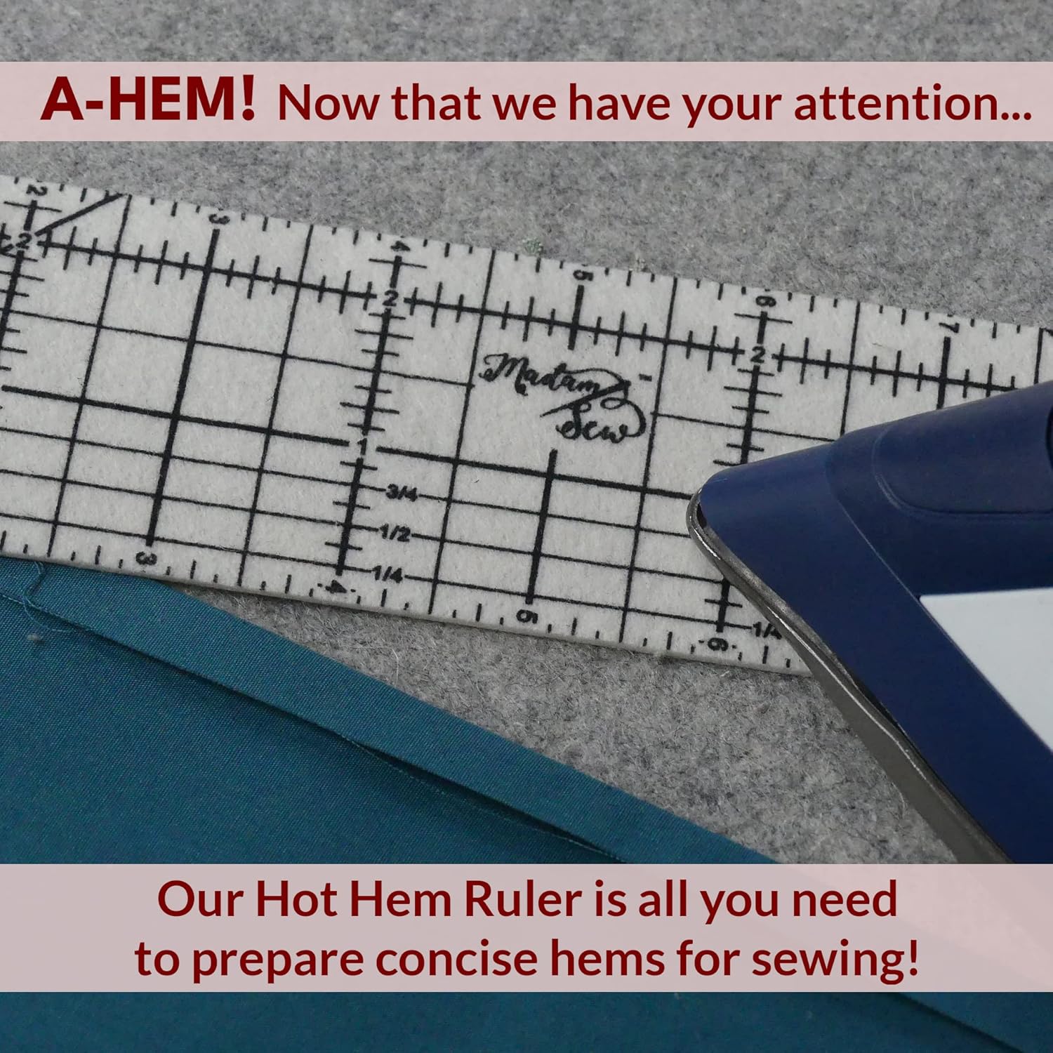 Madam Sew Hot Hem Ruler for Sewing and Quilting u2013 Non-Slip Ironing Hot Ruler and Pleats with Dry or Steam Iron on Quilt Blocks and Clothes - 10" x 2.5" Hem Gauge