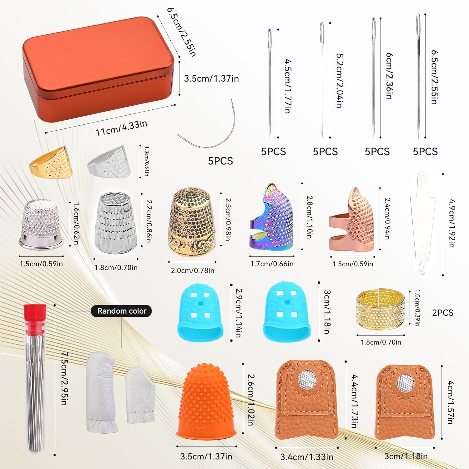 Mnuizu Sewing Thimble Set with Storage Box - Includes Sewing Big Eye Needle, Finger Protector & Adjustable Finger Guard - Quality Metal Copper Thimble - Ideal Sewing Tools for DIY Projects
