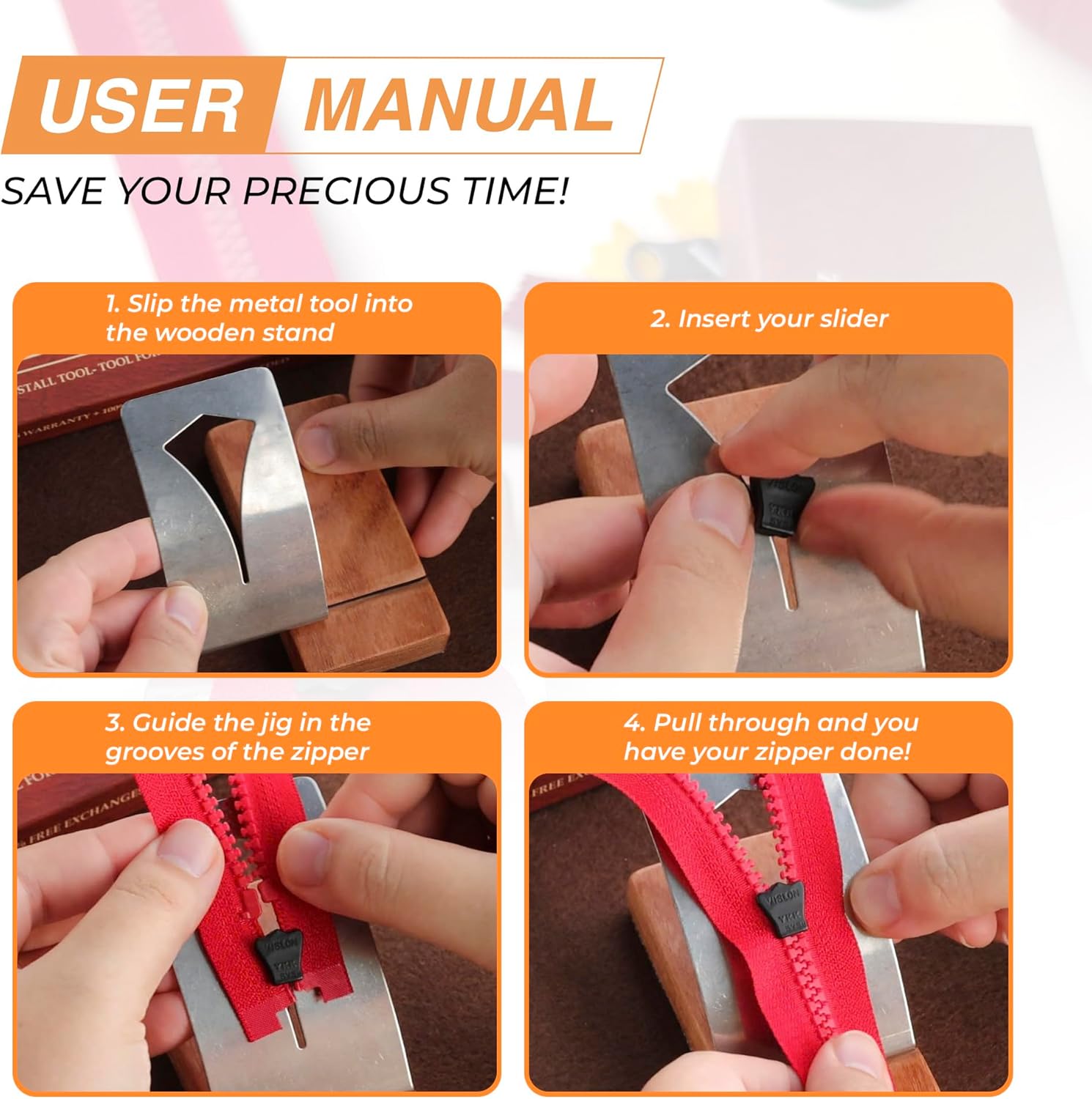 Savina Zipper Jig Tool, Hardwood & Stainless Steel Zipper Installing Tool for Dresses & Pants, Works with Various Sizes, Tool for Sewing.