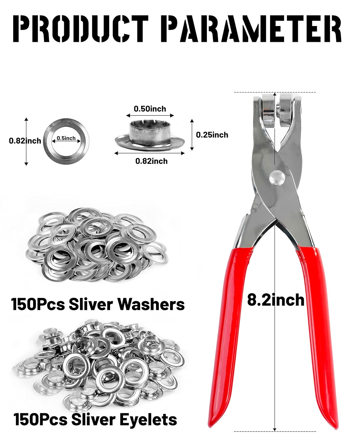 150Pcs 1/2 Inch Grommet Tool Kit, Leather Hole Punch Pliers, Grommets Kit with 150 Metal Eyelets in Silver for Leather, Shoes, Fabric, Belts