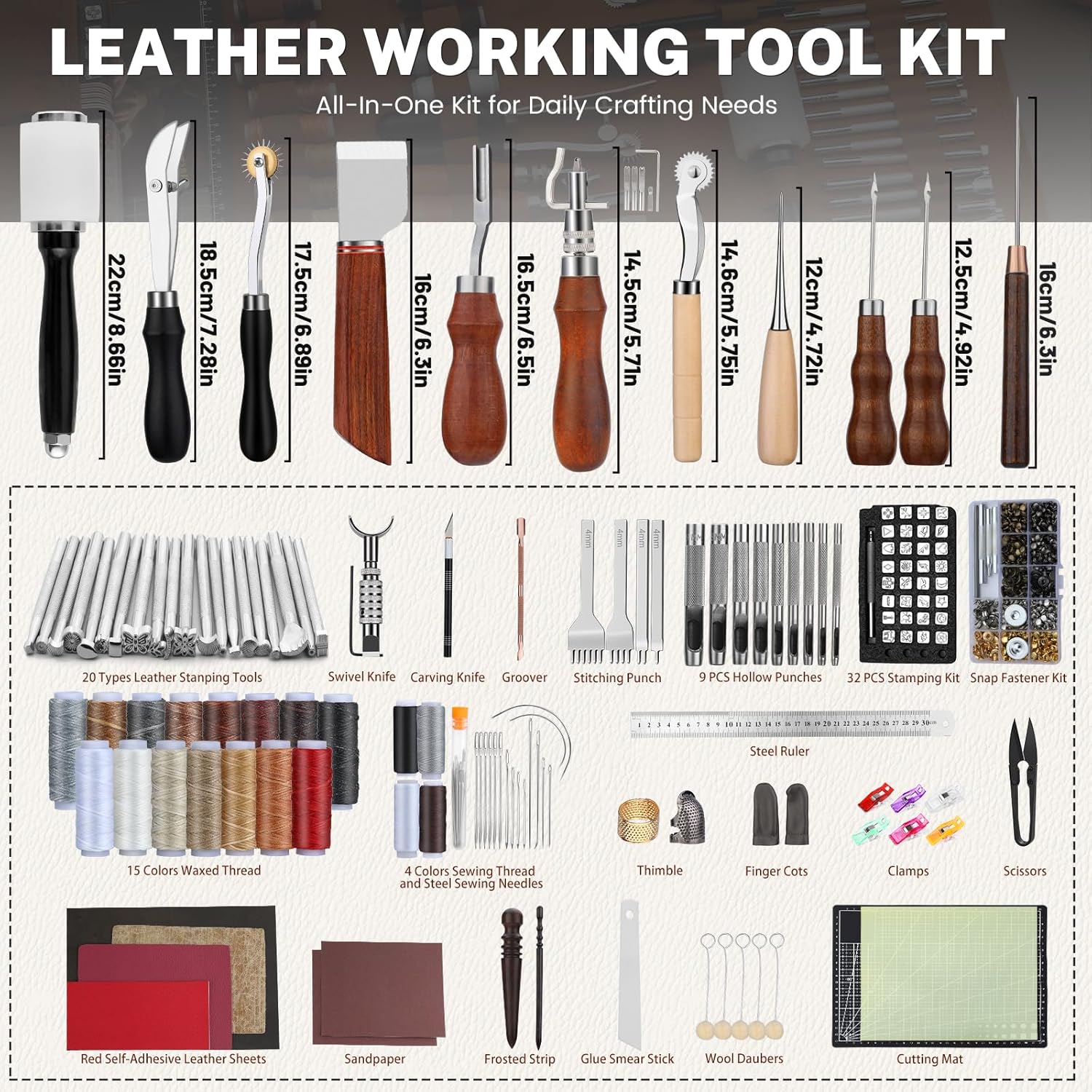 CBHGFEA Leather Working Kit, Leather Working Tools and Crafting Kit with Custom Storage Bag, Engraving, Cutting, Sewing, Stamping, Sanding Supplies for DIY Handicraft Making and Repair