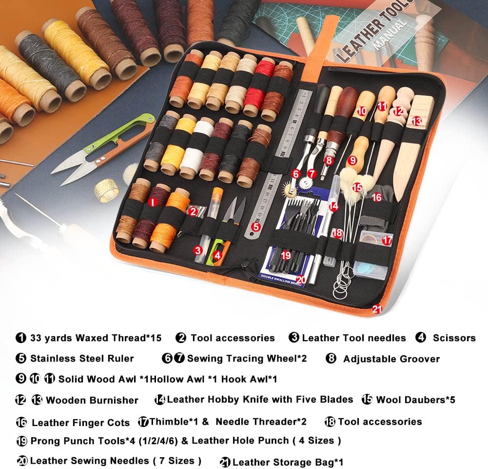 BUTUZE Leather Working Tools, Practical Leather Craft Kit with Waxed Thread Groover Awl Stitching Punch Hole for Leathercraft Beginner or Adults Gifts - Comes with Tool Manual